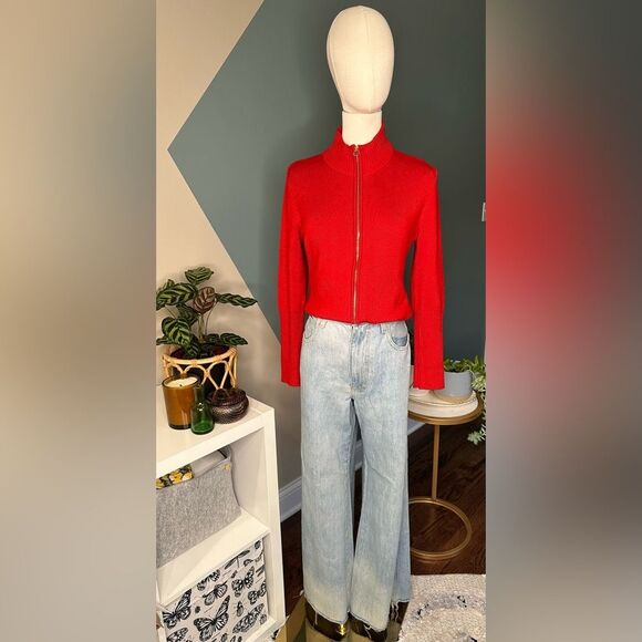Calvin Klein Red Mock Neck Full Zip Ribbed Sweater Size Medium, Chic & Versatile - Picture 2 of 11